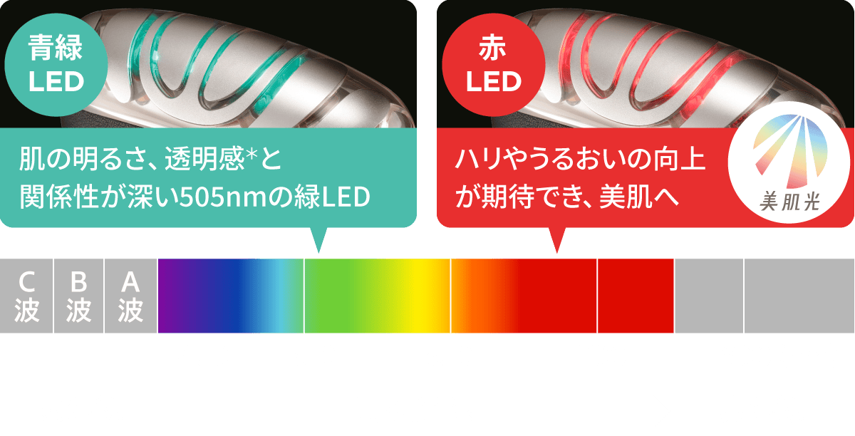 肌の明るさ、透明感と関係性が深い505nmの青緑LED / ハリやうるおいの向上が期待でき、美肌へ（赤LED）