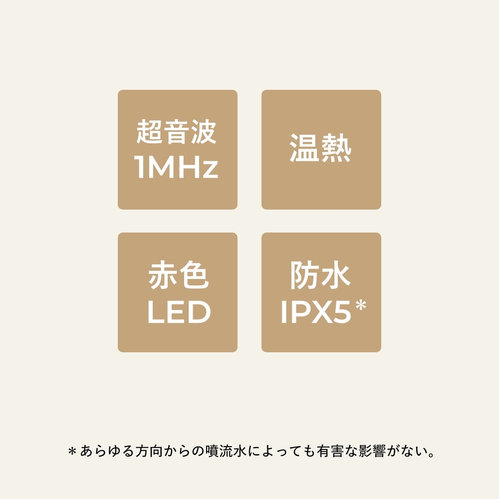 シャインプロ 超音波1MHz、温熱、赤色LED、防水IPX5 ※IPX5：あらゆる方向からの噴流水によっても有害な影響がない。